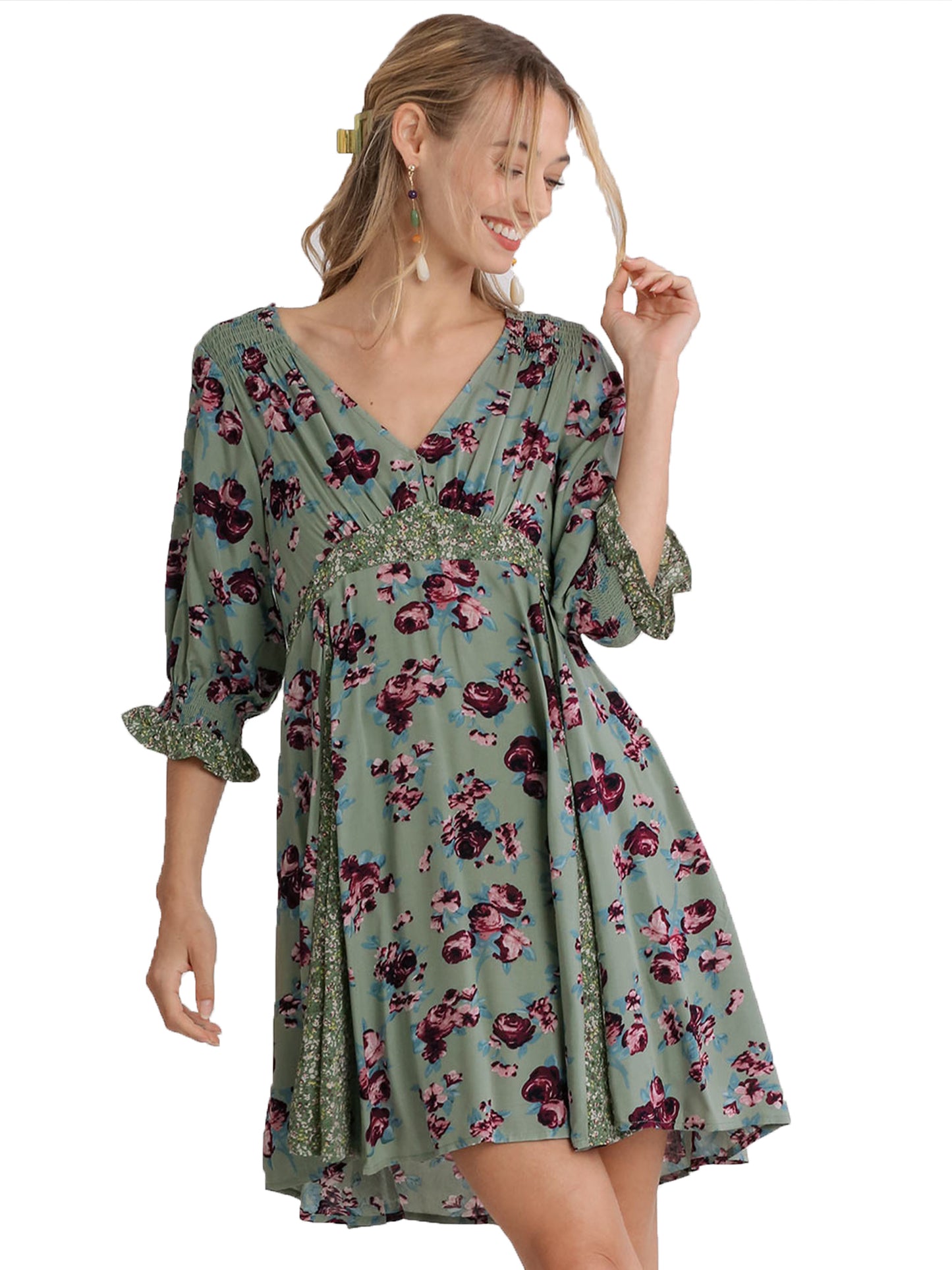 Mixed Floral Color Block Babydoll Dress with Pockets