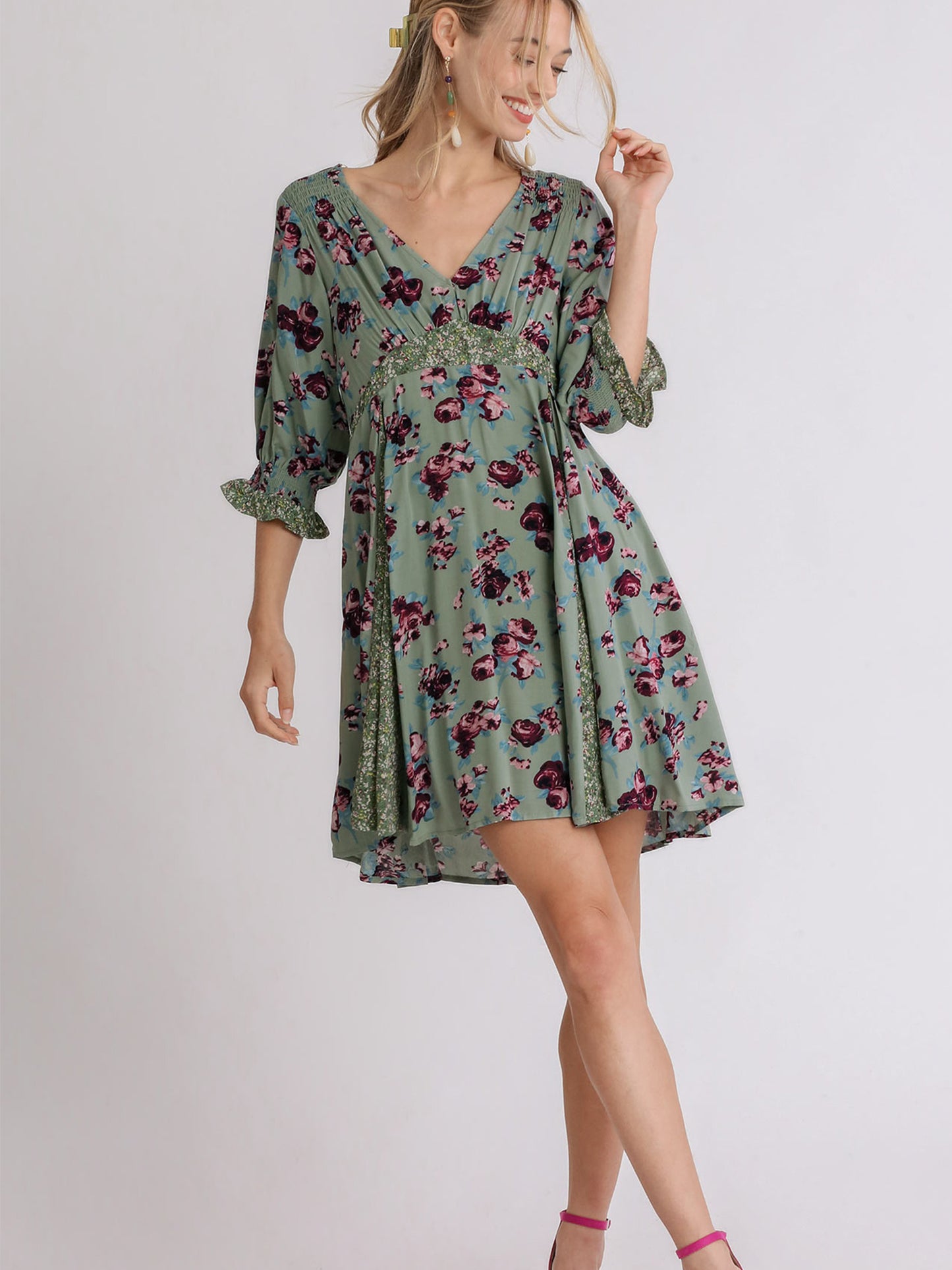 Mixed Floral Color Block Babydoll Dress with Pockets
