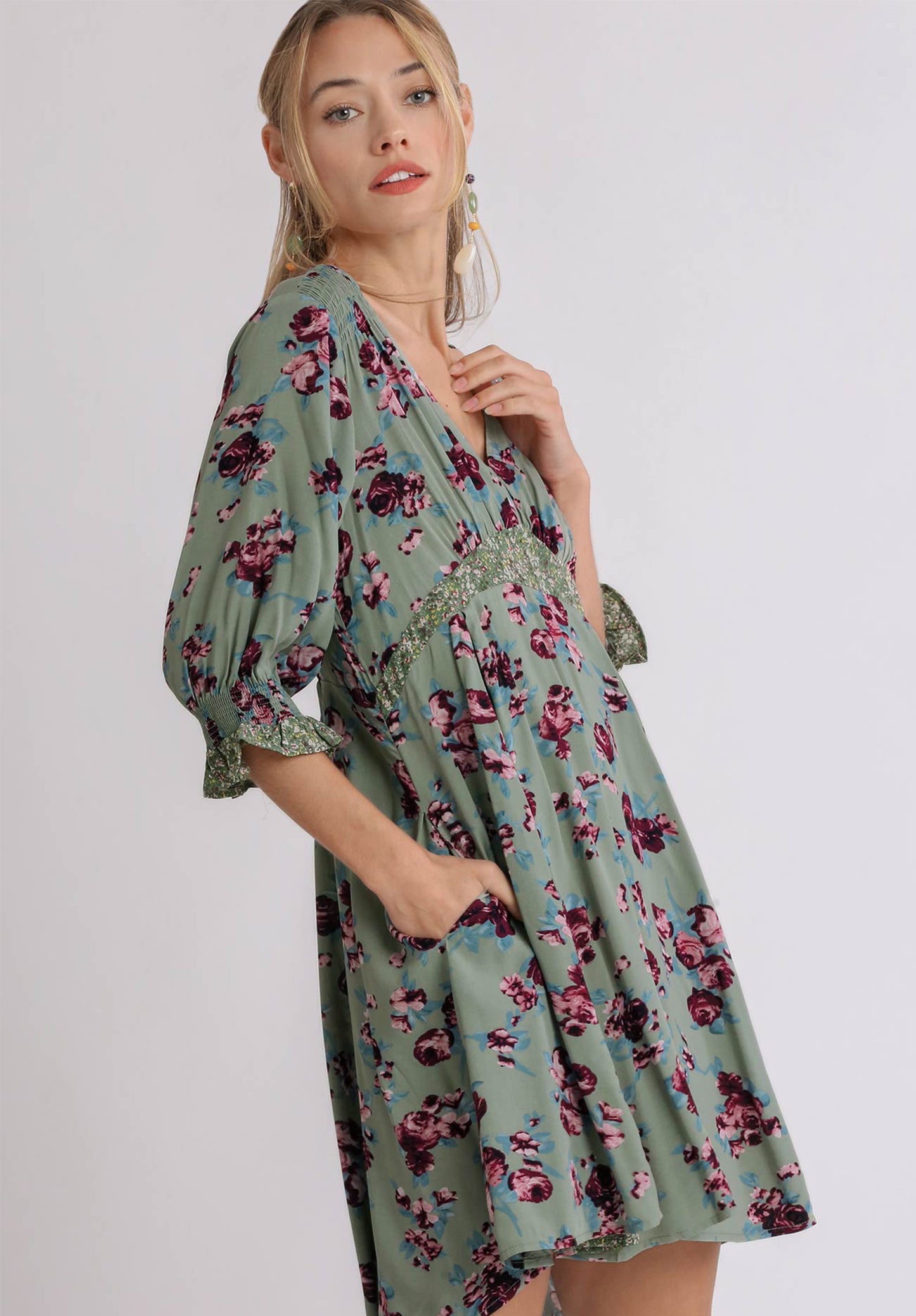 Mixed Floral Color Block Babydoll Dress with Pockets