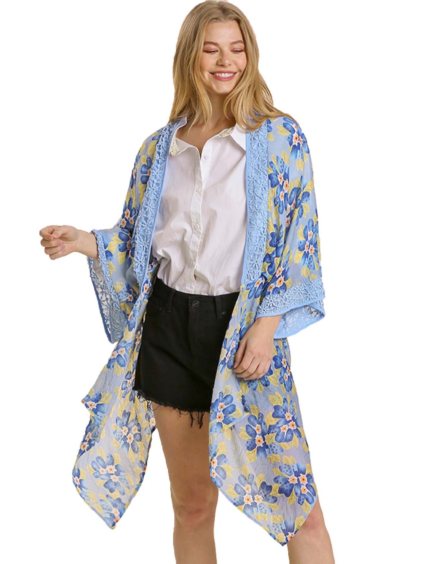 Sheer Floral Print Open Front Kimono with Crochet Detail