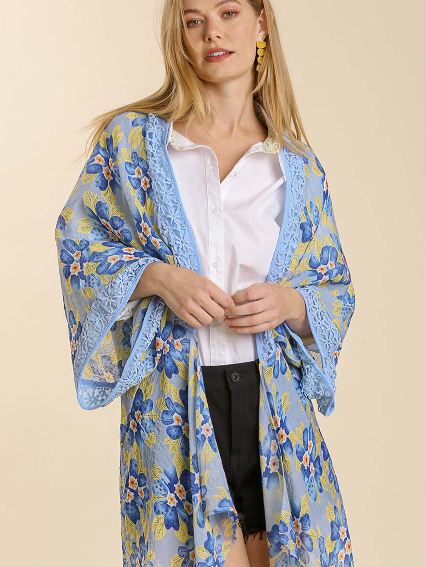 Sheer Floral Print Open Front Kimono with Crochet Detail