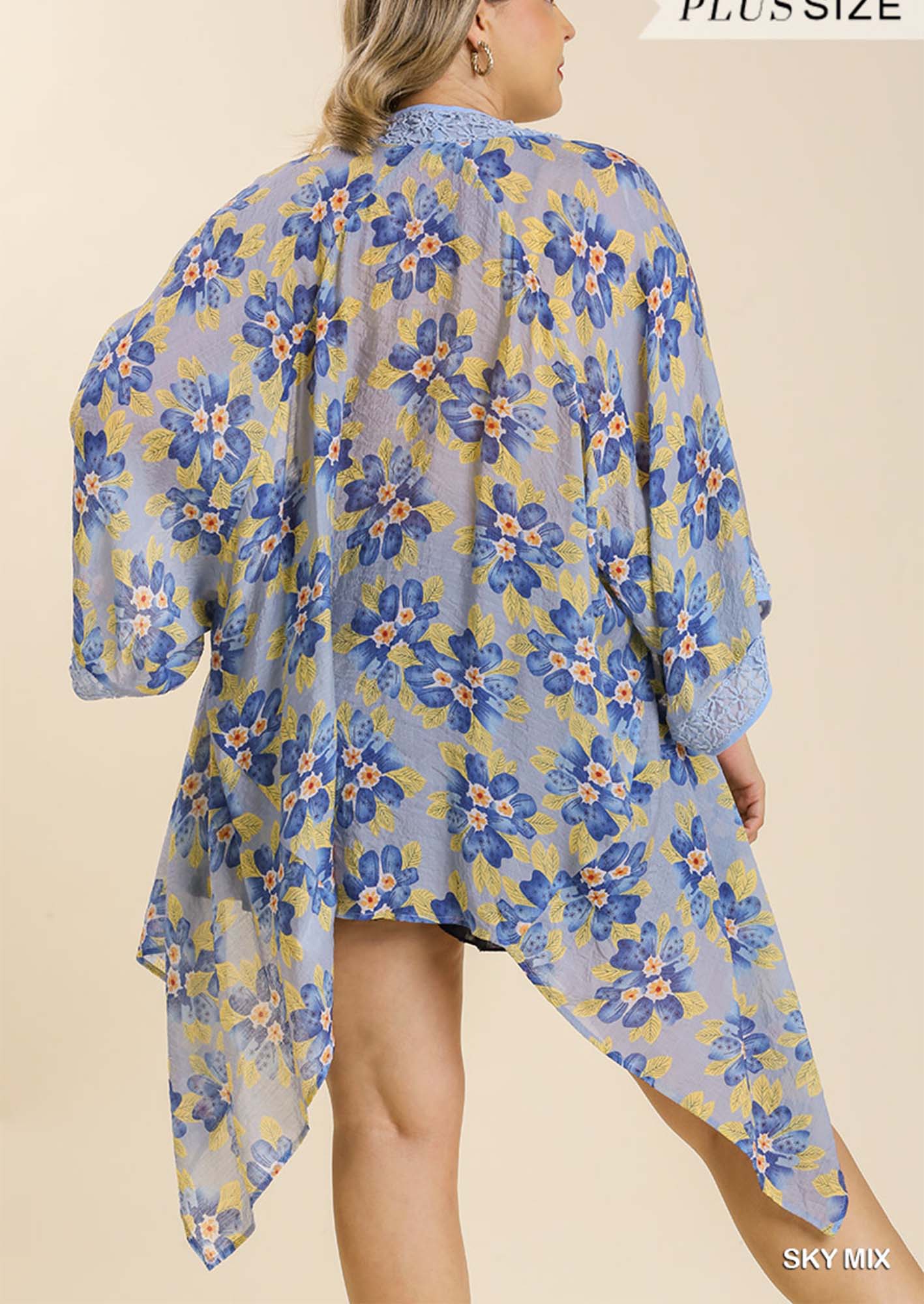 Sheer Floral Print Open Front Kimono with Crochet Detail