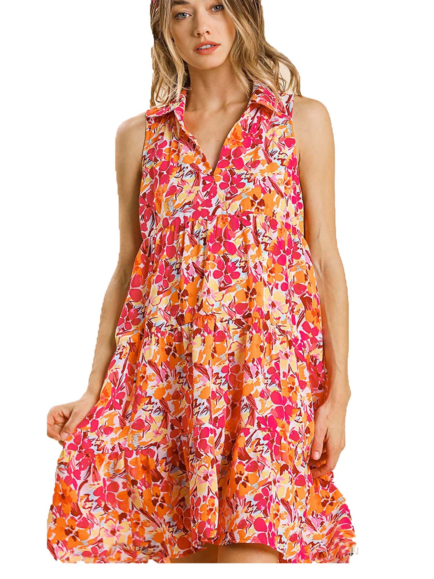 Summer Floral Print Sleeveless Tiered Midi Dress with High Low Hem