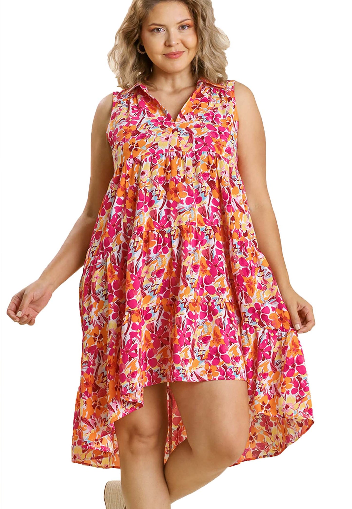Summer Floral Print Sleeveless Tiered Midi Dress with High Low Hem