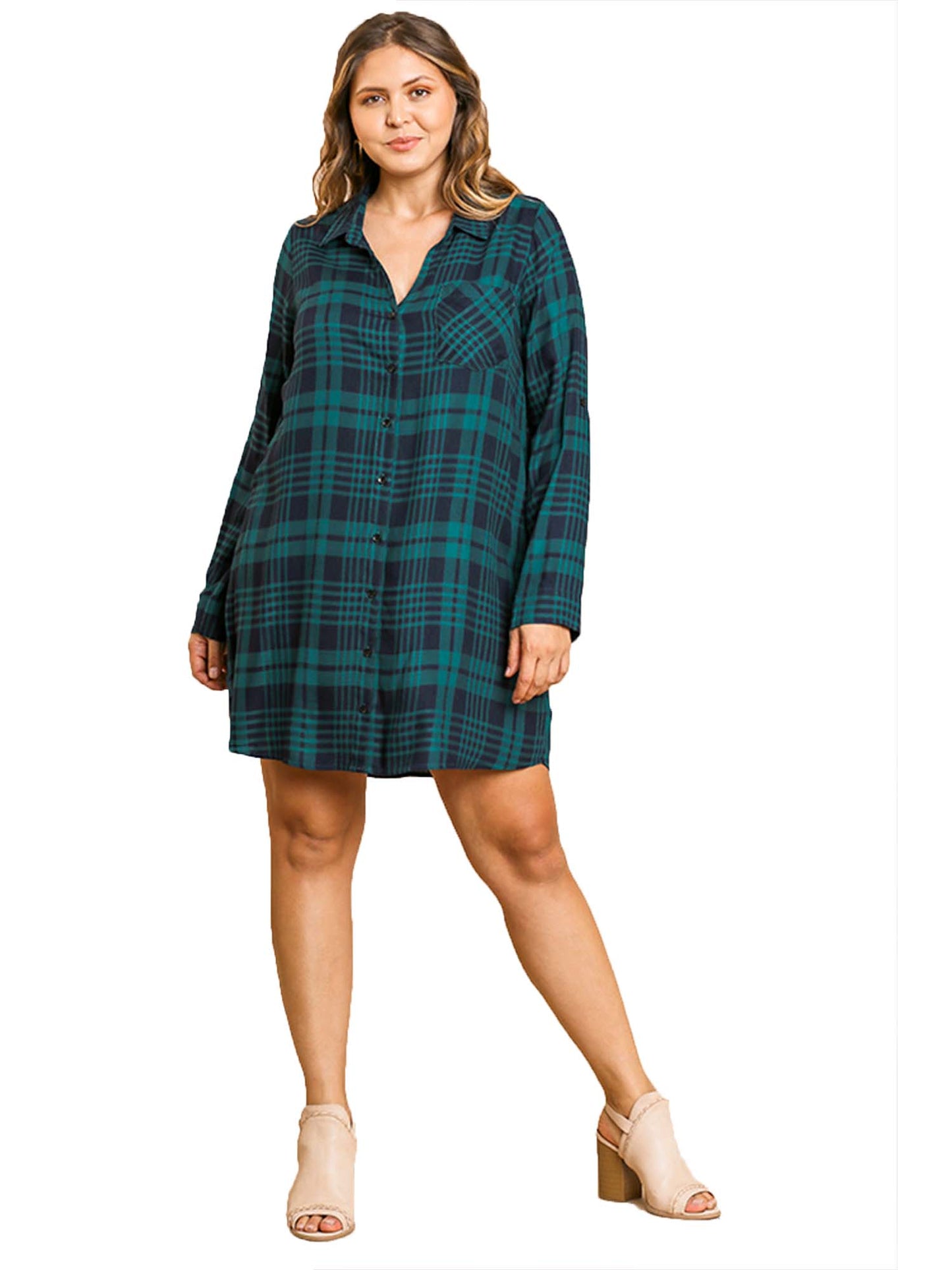 Flannel Plaid Print Long Sleeve Button Front Dress Tunic