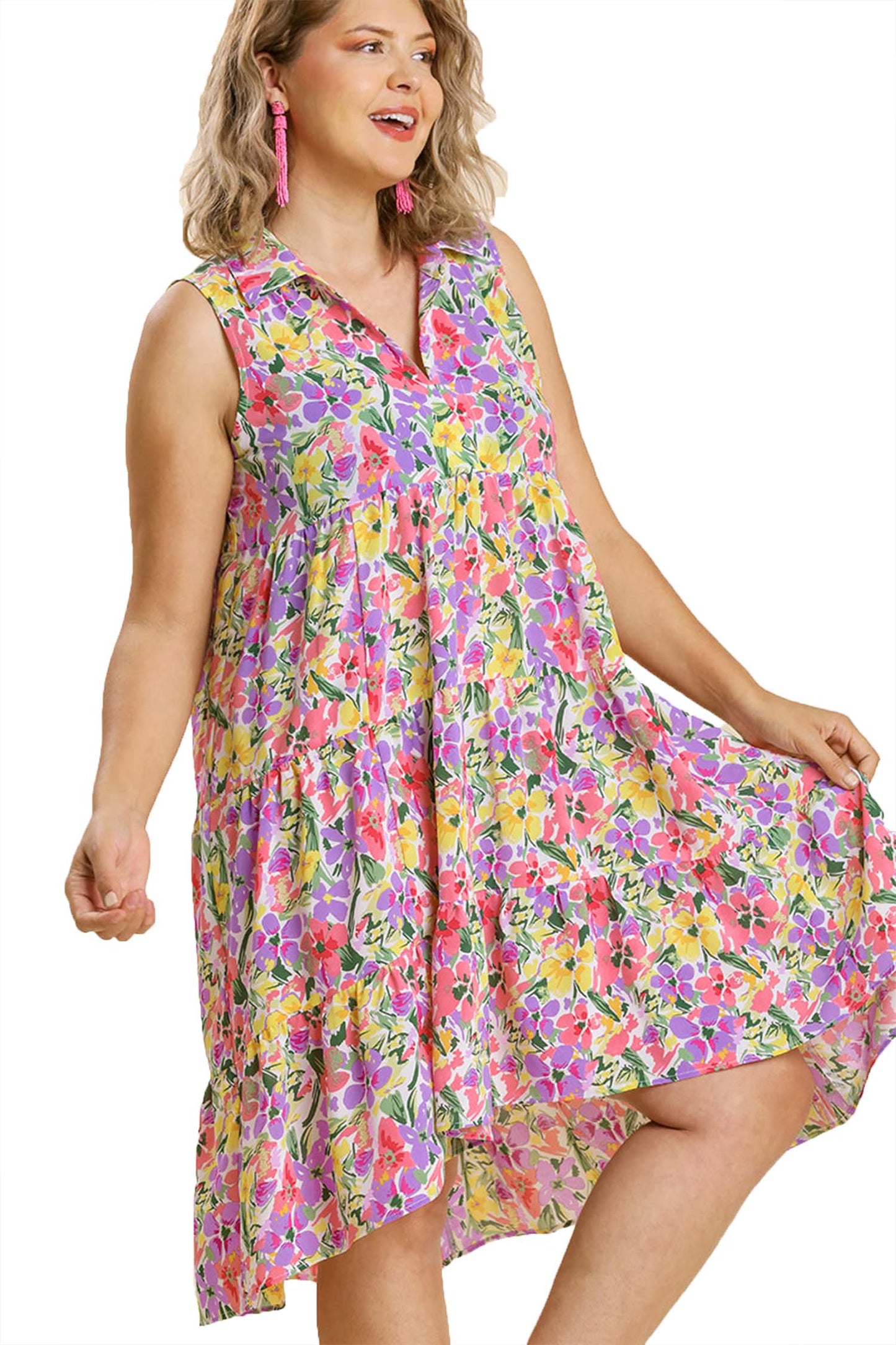 Summer Floral Print Sleeveless Tiered Midi Dress with High Low Hem
