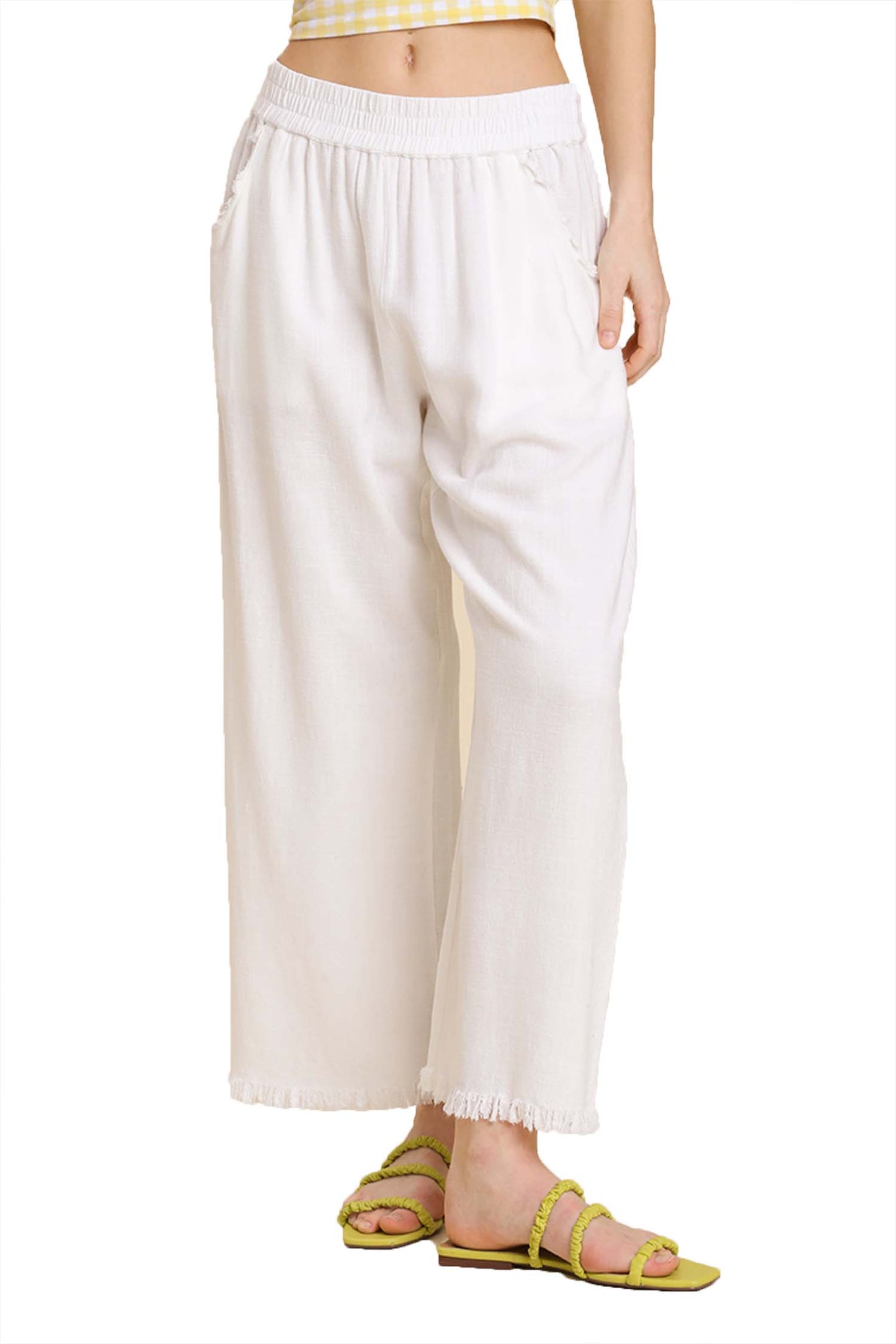 Wide Leg Pant with Elastic Waist, Pockets, and Frayed Hem