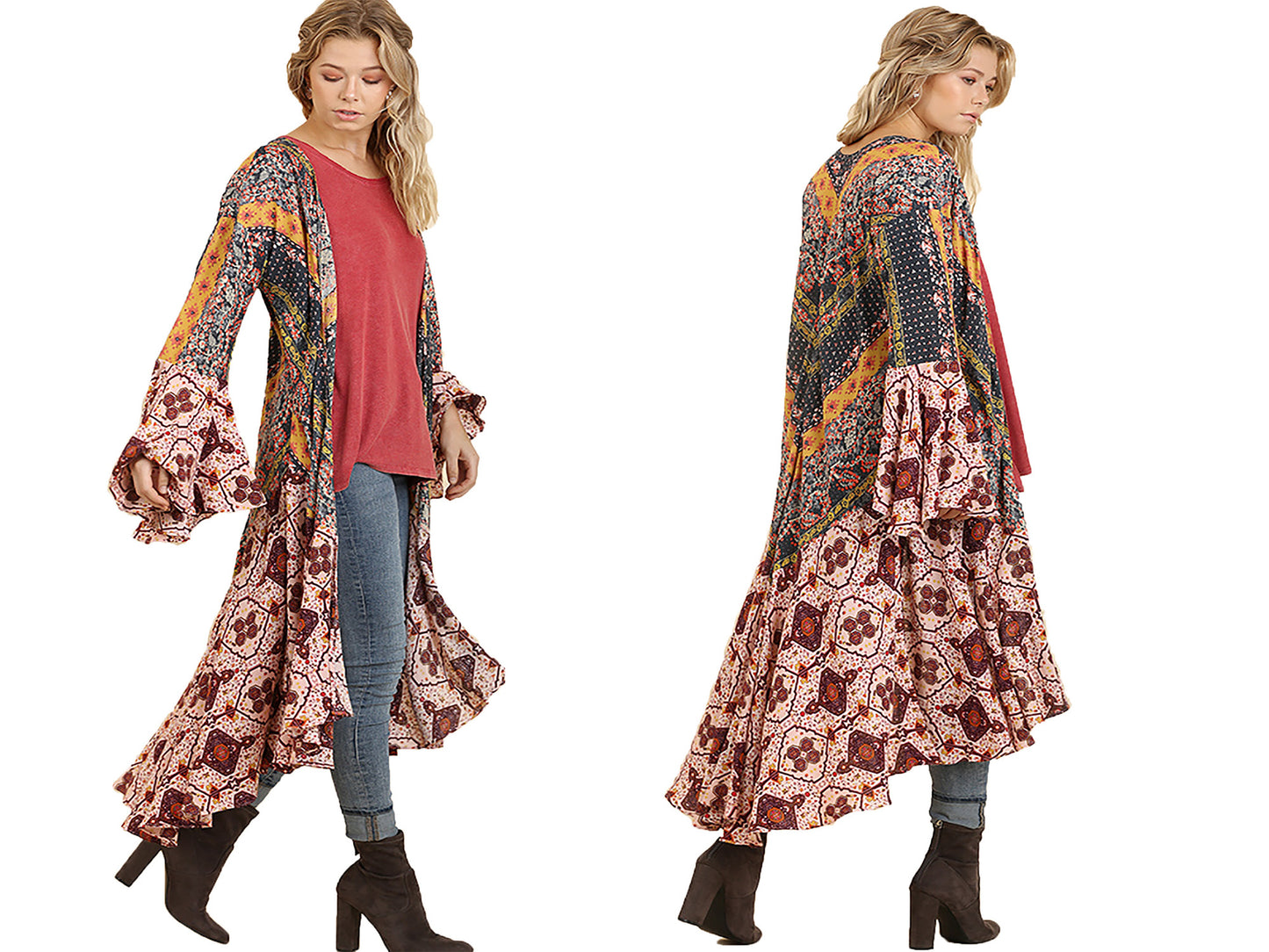 Ruffled Long Body Kimono with a Multicolored Print