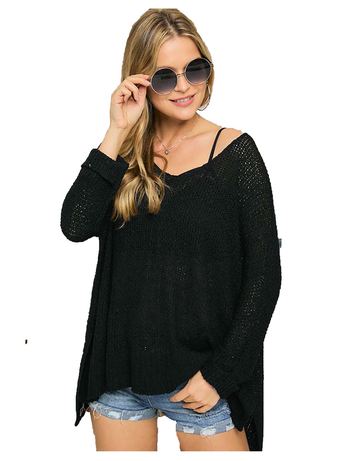 Oversize Tunic Lightweight Sweater with Side Slits