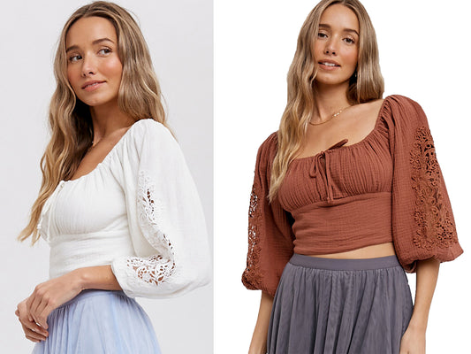Square Neck Bubble Lace Sleeve Crop Top