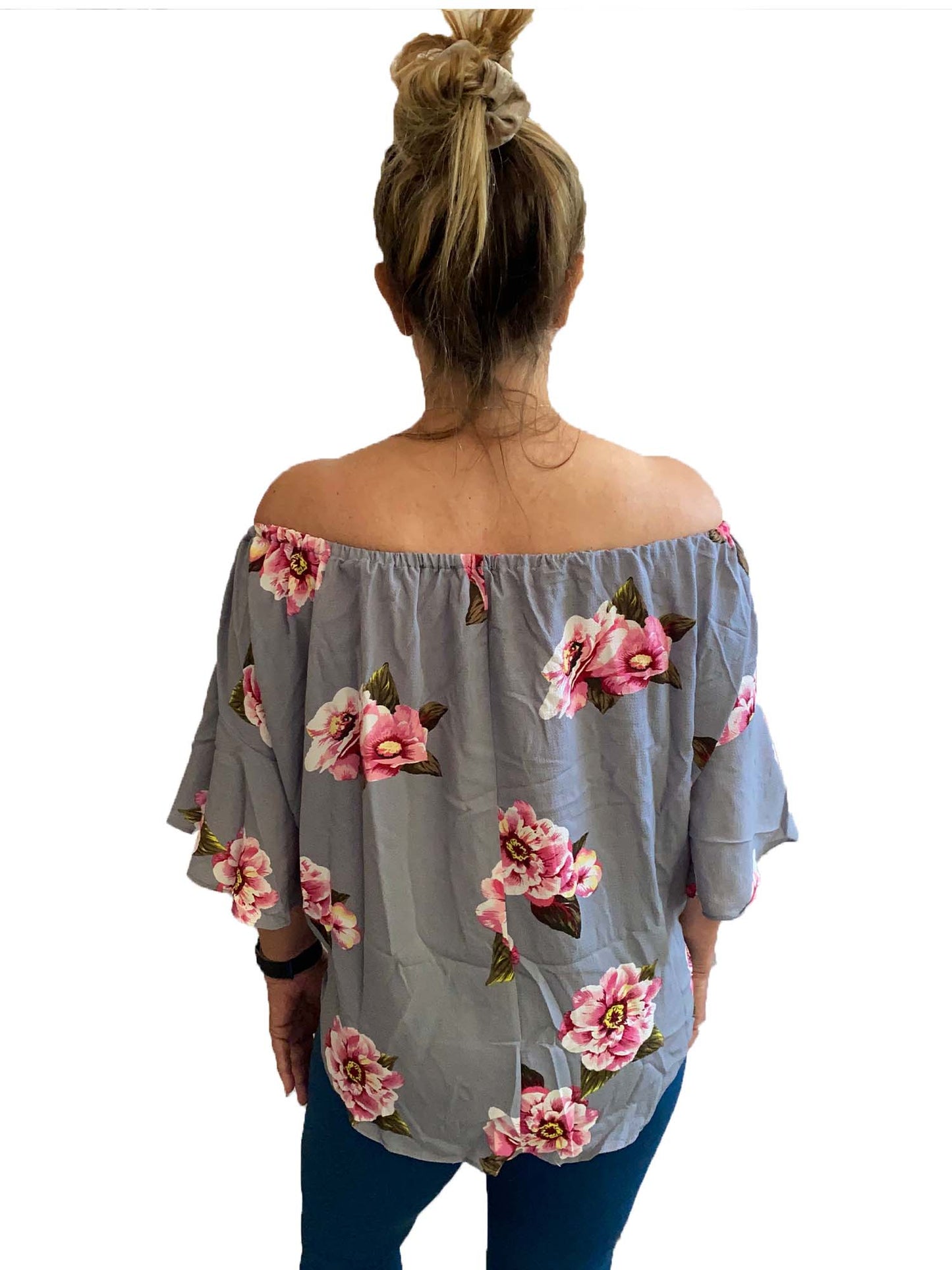 Large Floral Print Off Shoulder Tie Front Top