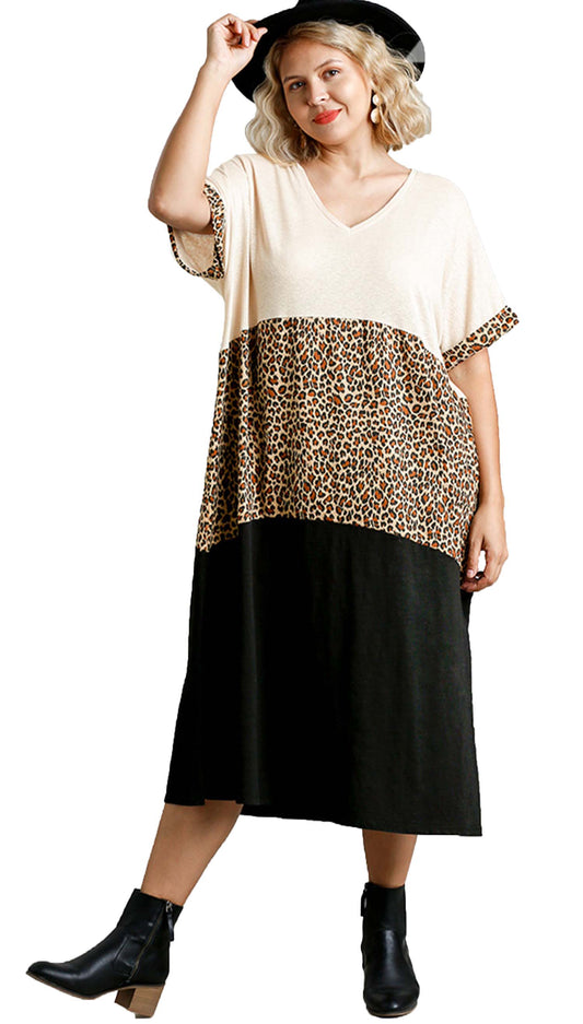 Animal Print Color Block Short Sleeve Maxi Dress