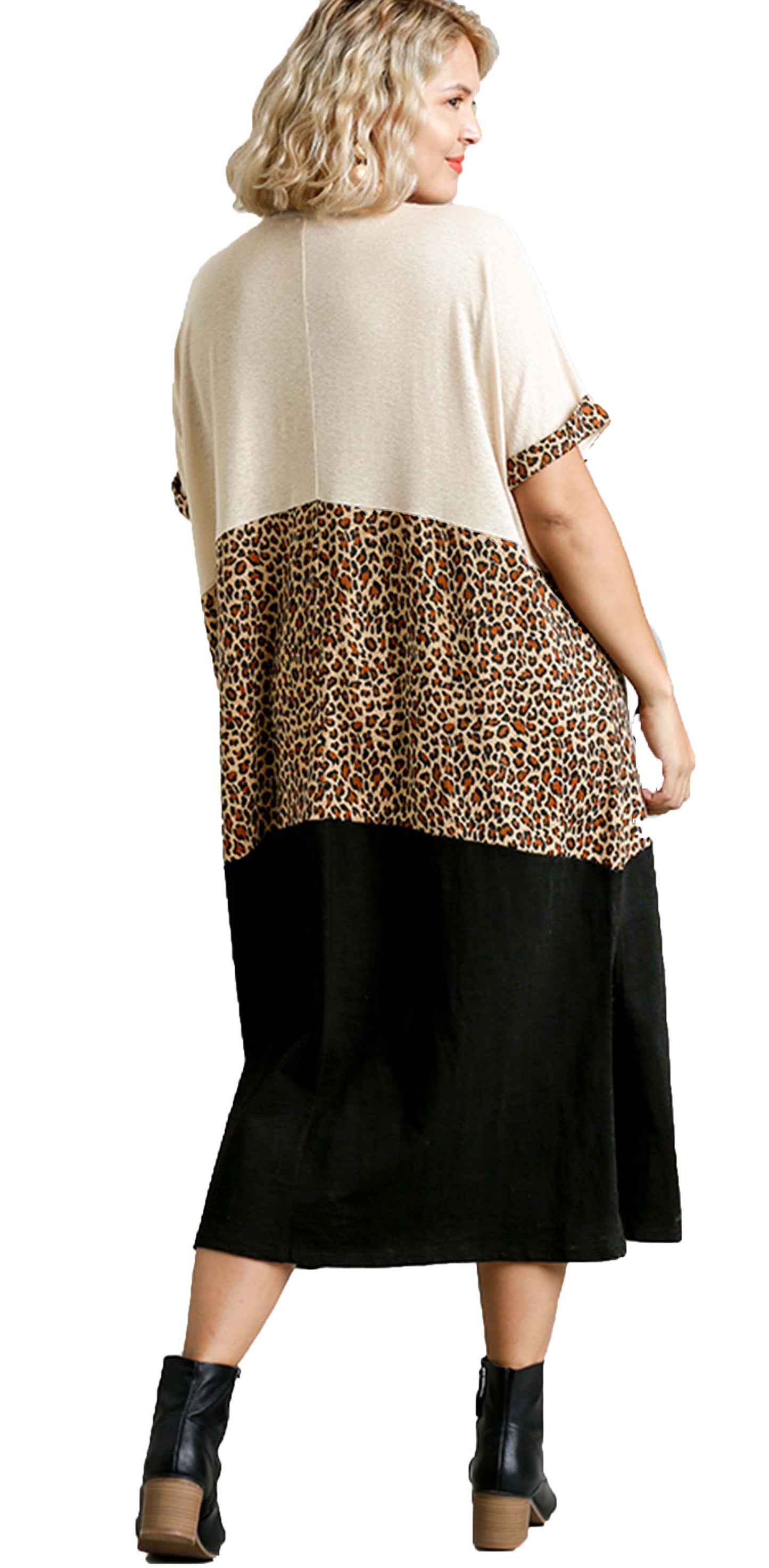 Animal Print Color Block Short Sleeve Maxi Dress