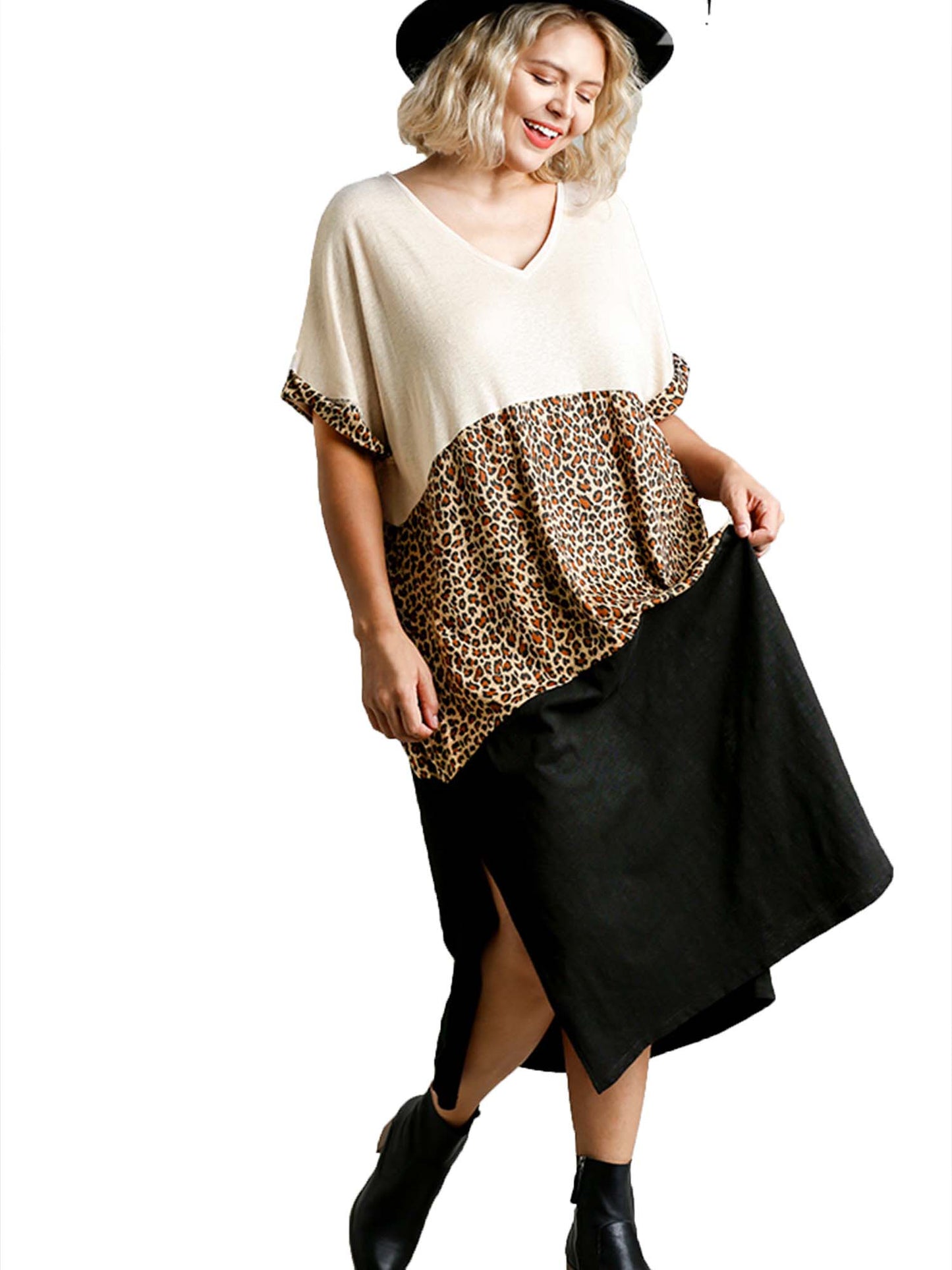 Animal Print Color Block Short Sleeve Maxi Dress