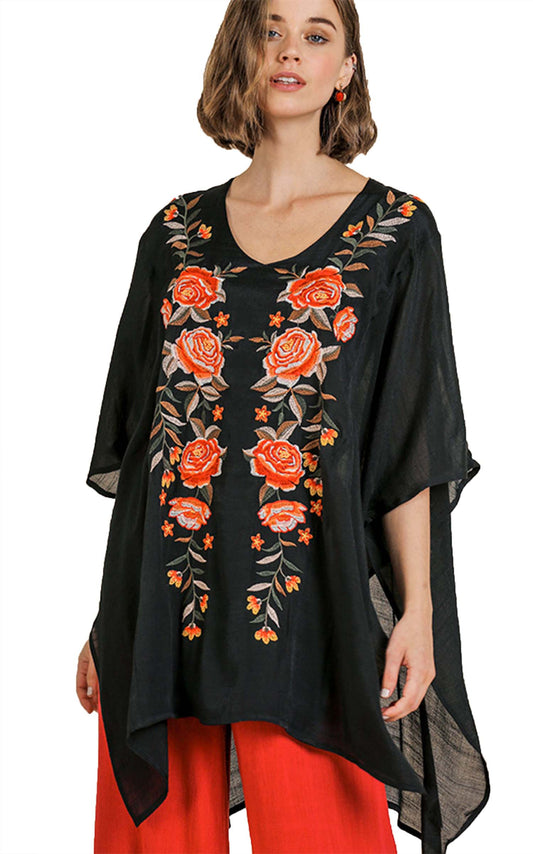 Floral Embroidered V-Neck Kaftan Top with Side Slits