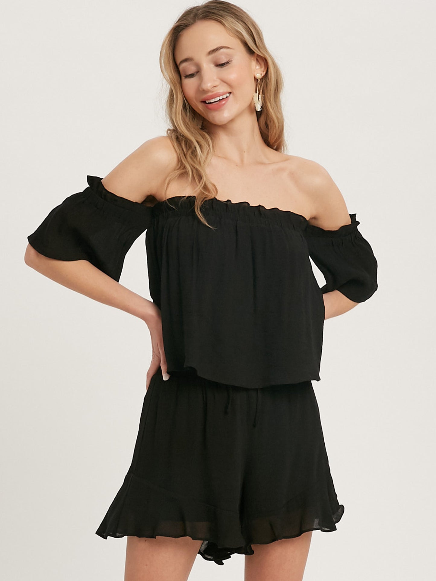 Bohemian Ruffle Woven Shorts and Off Shoulder Top Set