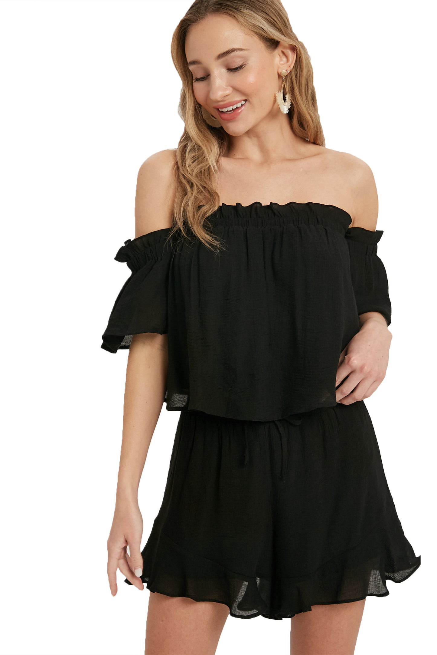 Bohemian Ruffle Woven Shorts and Off Shoulder Top Set