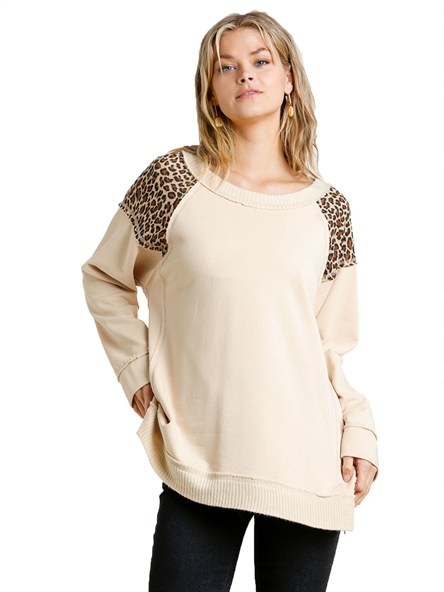 French Terry Animal Print Raw Edged  Tunic with Side Zipper