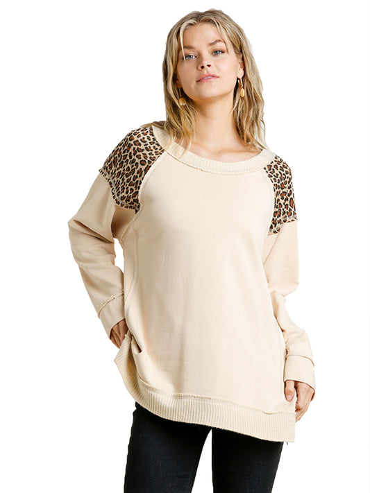 French Terry Animal Print Raw Edged  Tunic with Side Zipper
