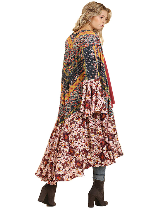 Ruffled Long Body Kimono with a Multicolored Print