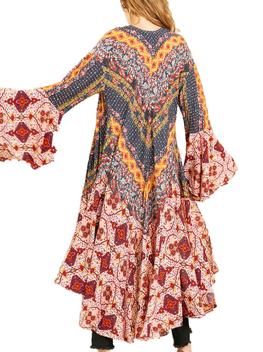 Ruffled Long Body Kimono with a Multicolored Print
