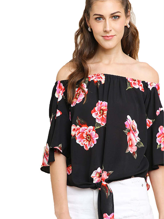 Large Floral Print Off Shoulder Tie Front Top