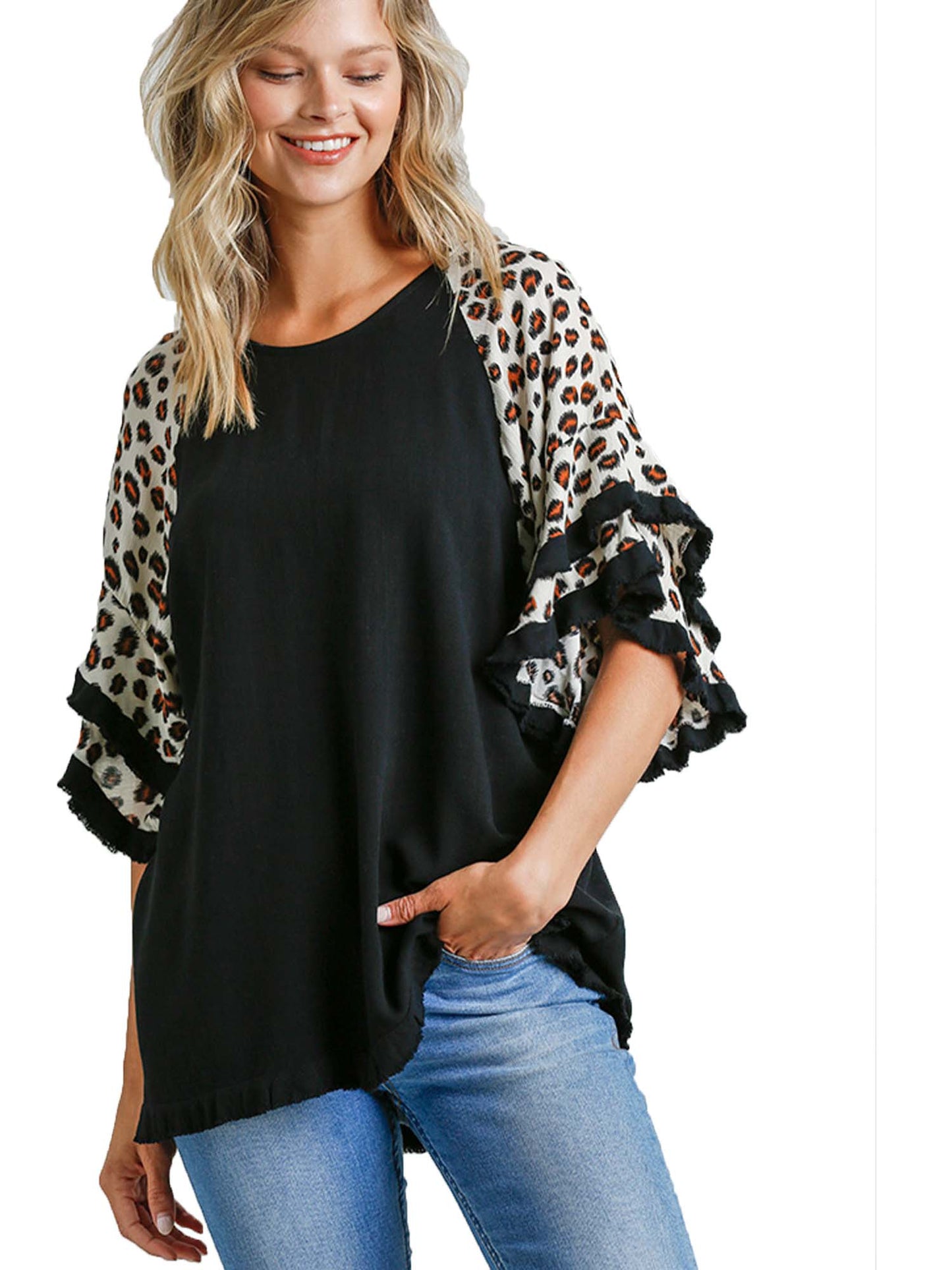 Animal Print Layered Bell Sleeve Tunic Top
