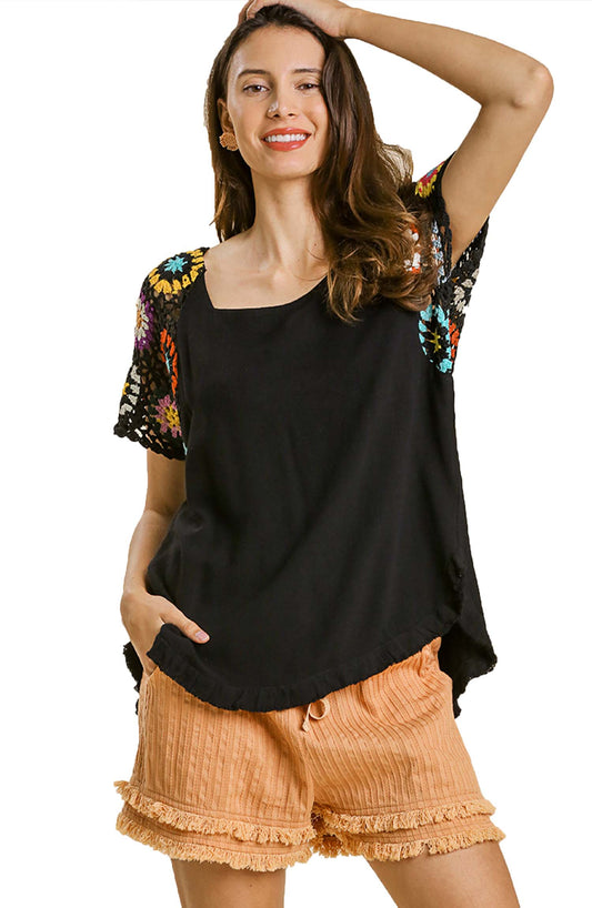 Linen Blend Colorful floral Crochet Detailed Short Sleeve Top