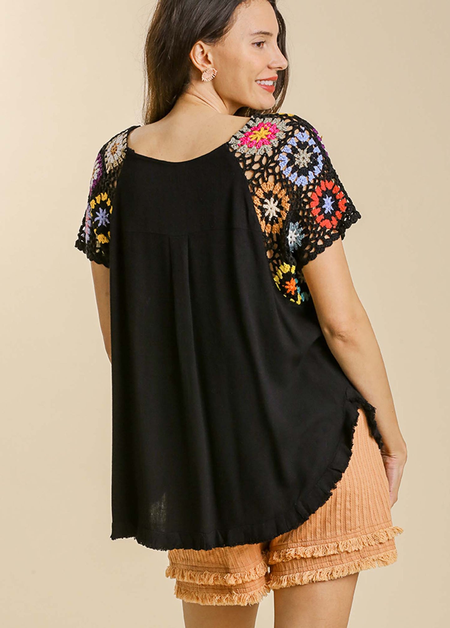Linen Blend Colorful floral Crochet Detailed Short Sleeve Top