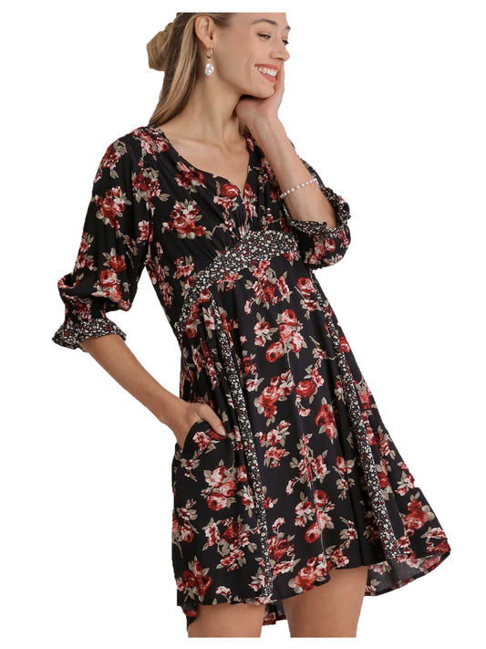 Mixed Floral Color Block Babydoll Dress with Pockets