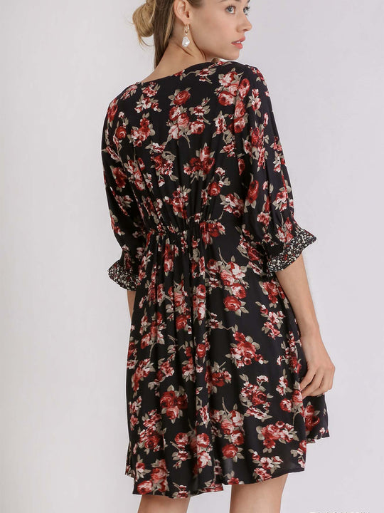 Mixed Floral Color Block Babydoll Dress with Pockets