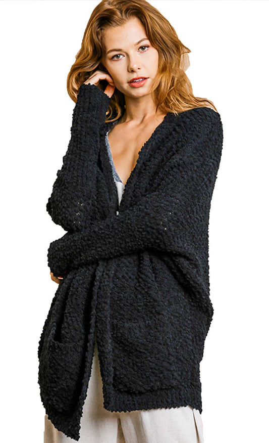 Cuddle-up Open Front Popcorn Cardigan Sweater