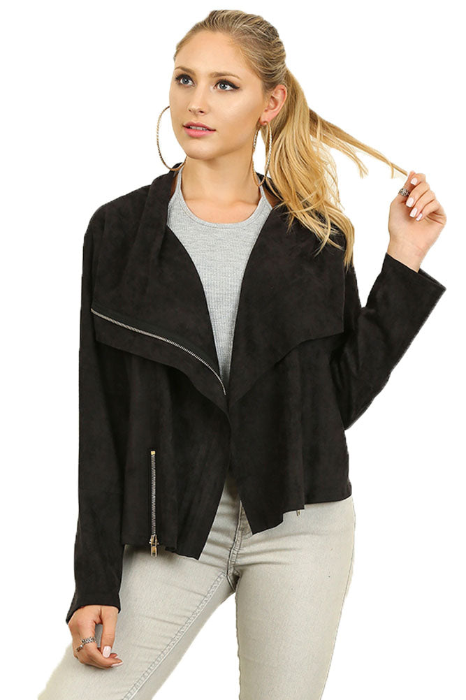 Faux Suede Motorcycle Jacket with a side Zip