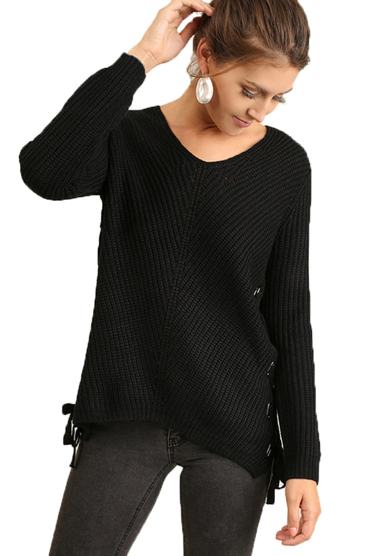 Pullover Sweater with Grommet and Drawstrings Side Detail