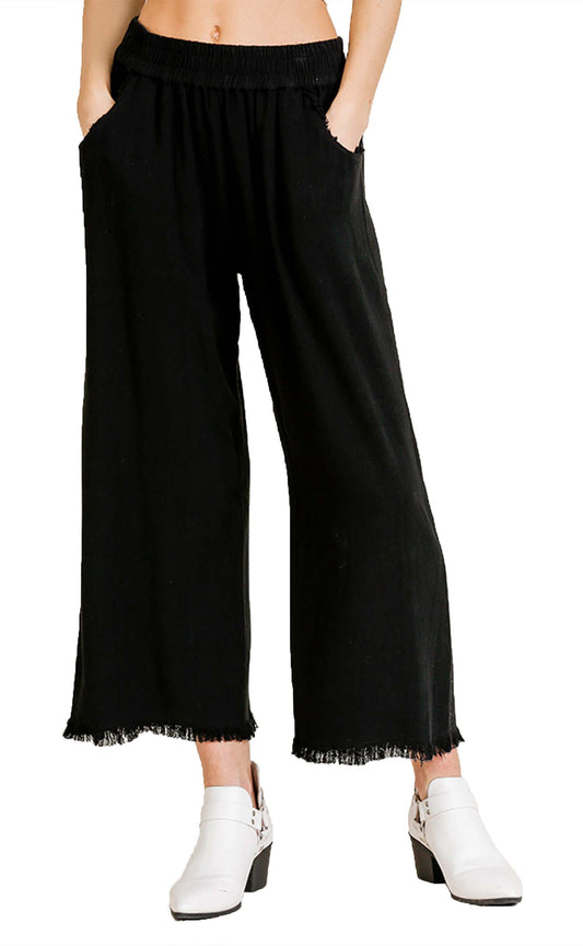 Wide Leg Pant with Elastic Waist, Pockets, and Frayed Hem