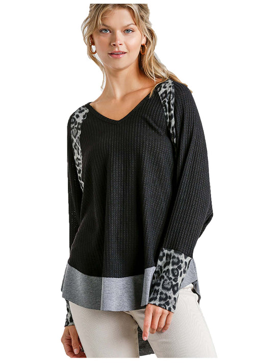 Leopard Print Color Block Waffle Knit top