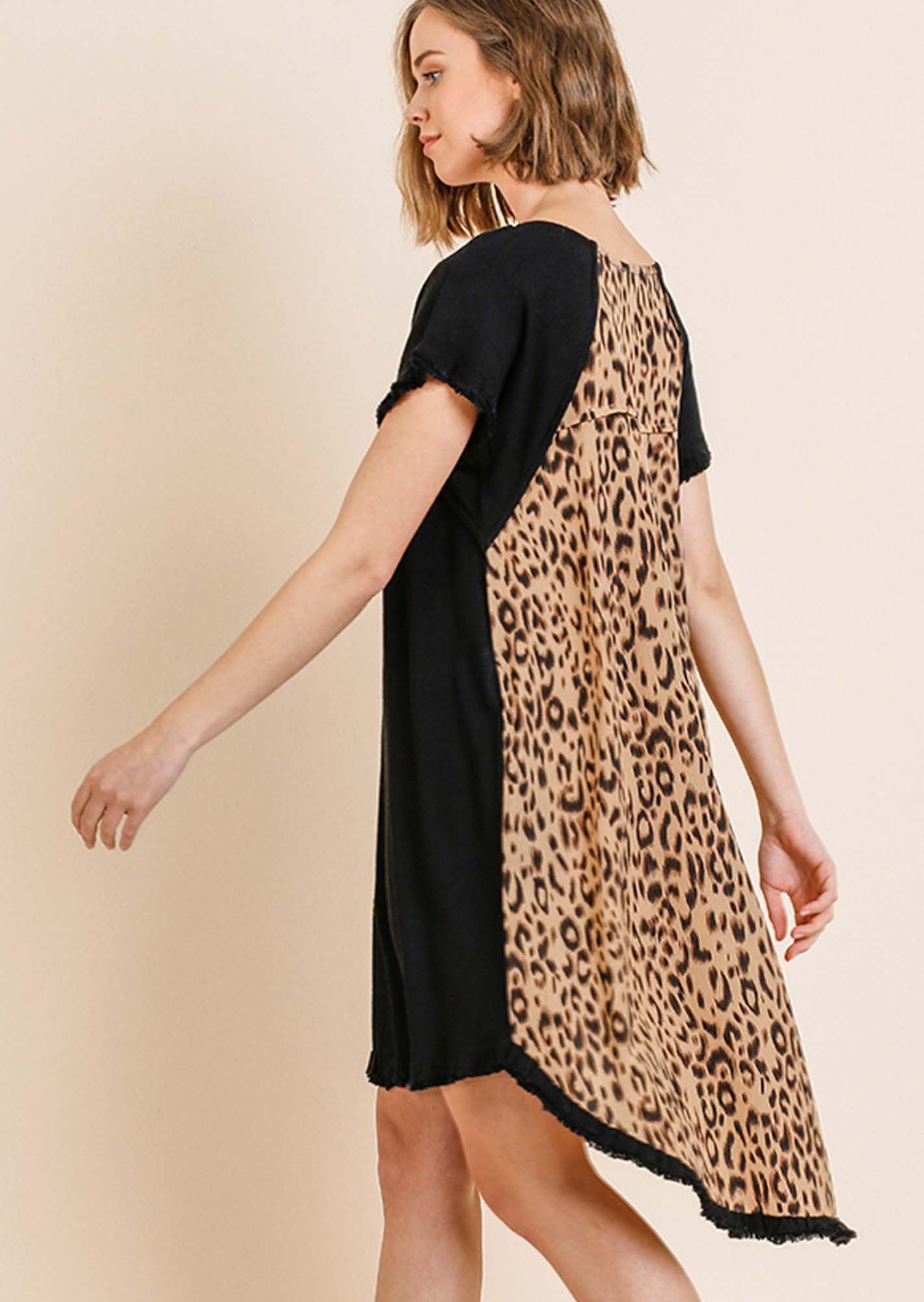 Color block Linen Blend Round Neck Leopard Print  Dress