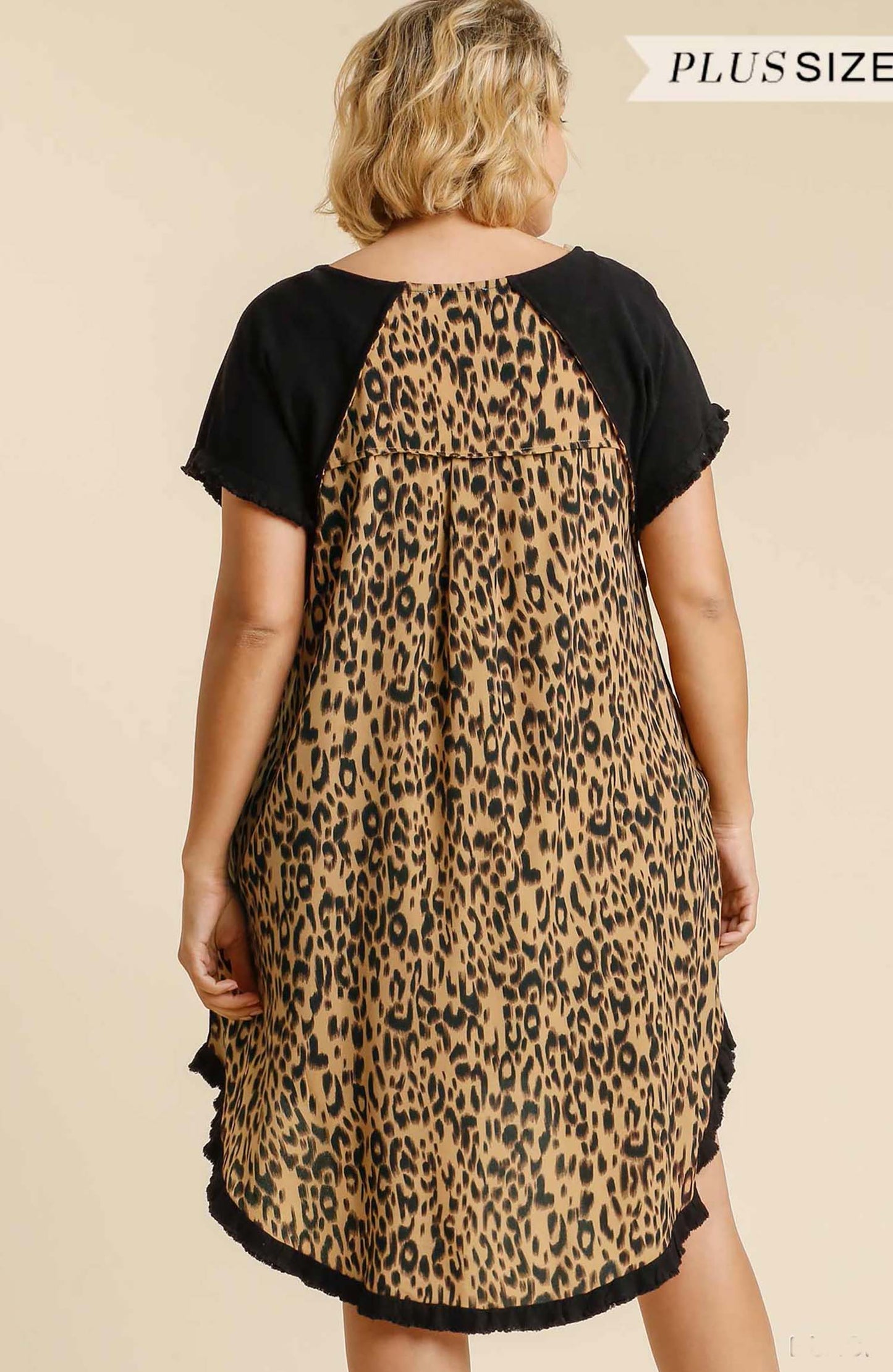 Color block Linen Blend Round Neck Leopard Print  Dress