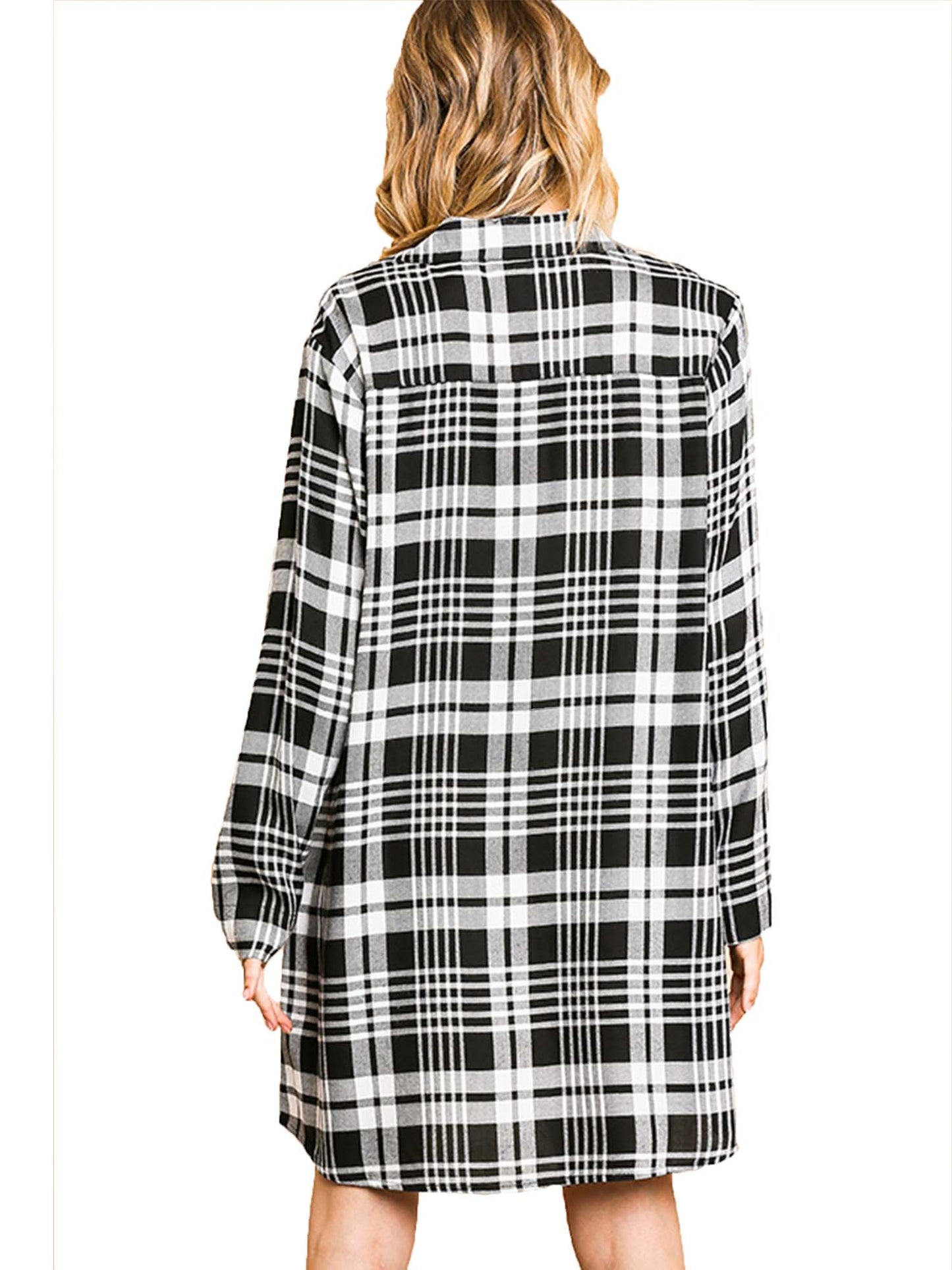 Flannel Plaid Print Long Sleeve Button Front Dress Tunic