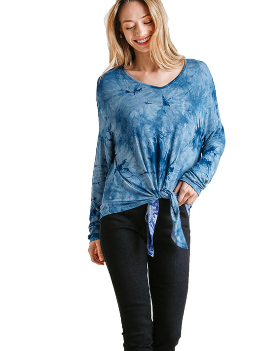 Tie-Dye Long Sleeve Top with Front Tie