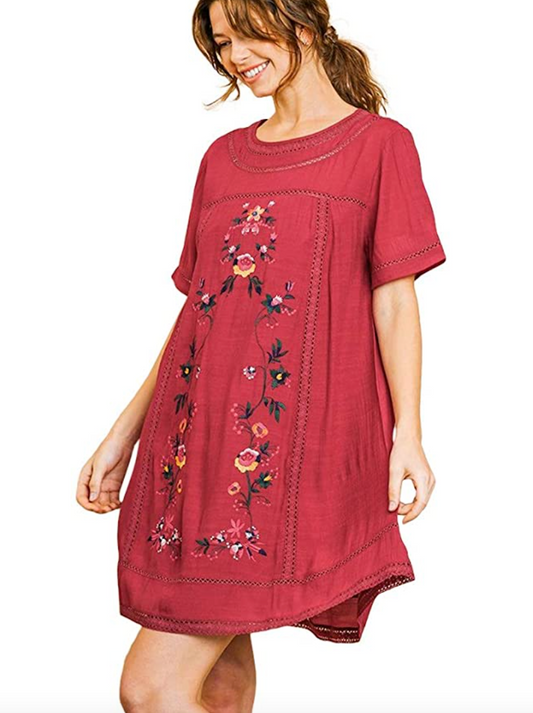 Bohemian Embroidered Short Sleeve Dress or Tunic