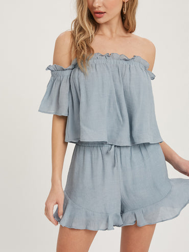 Bohemian Ruffle Woven Shorts and Off Shoulder Top Set