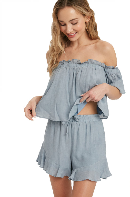 Bohemian Ruffle Woven Shorts and Off Shoulder Top Set