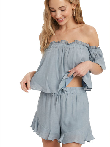 Bohemian Ruffle Woven Shorts and Off Shoulder Top Set