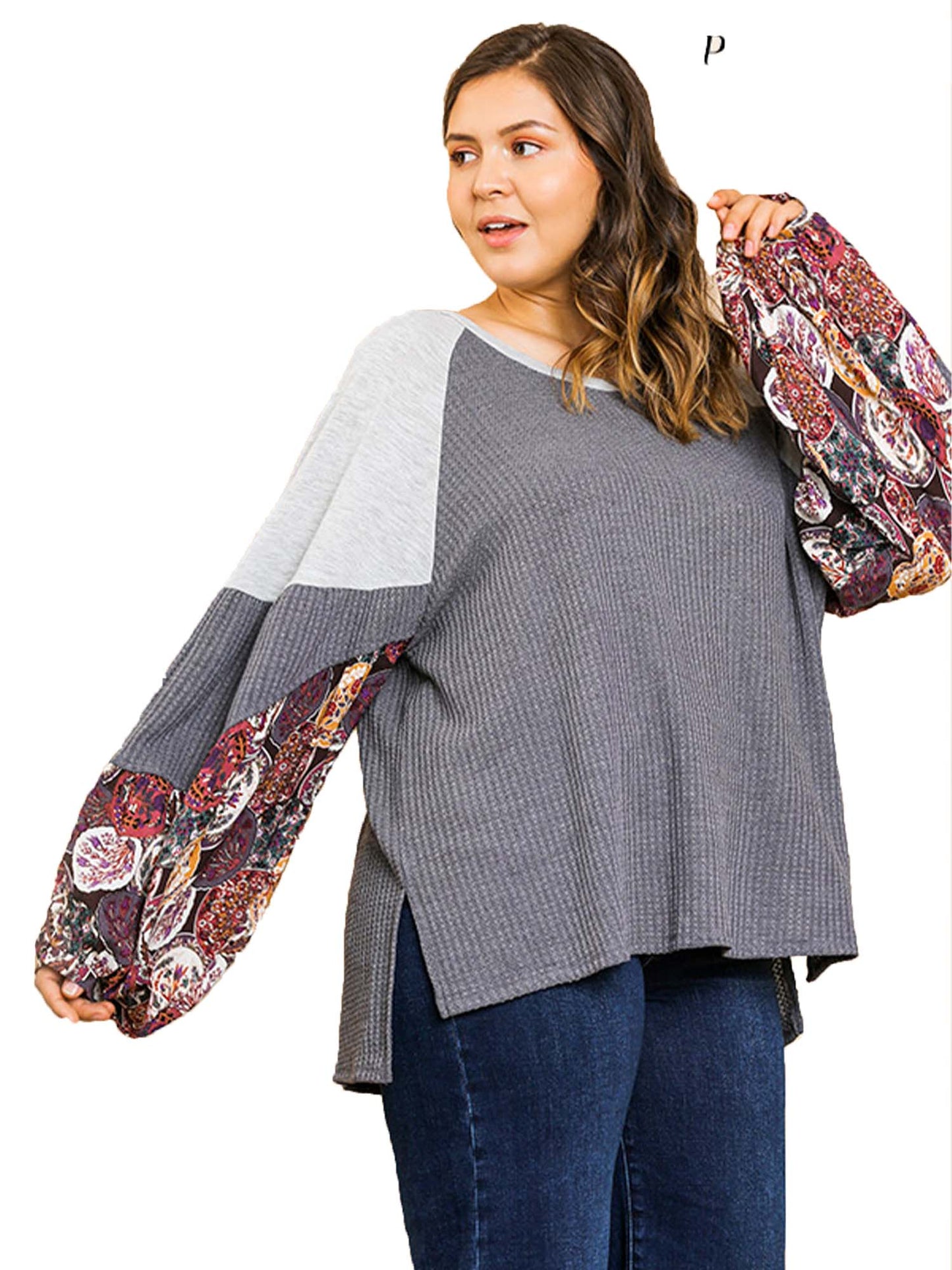 Waffle Knit Top with Floral Print Puff Sleeves