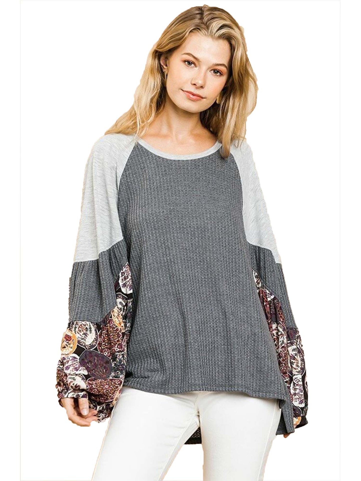 Waffle Knit Top with Floral Print Puff Sleeves