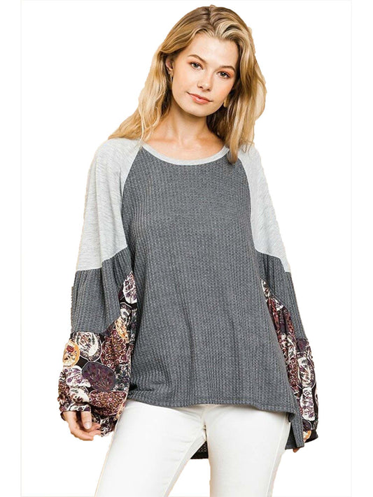 Waffle Knit Top with Floral Print Puff Sleeves