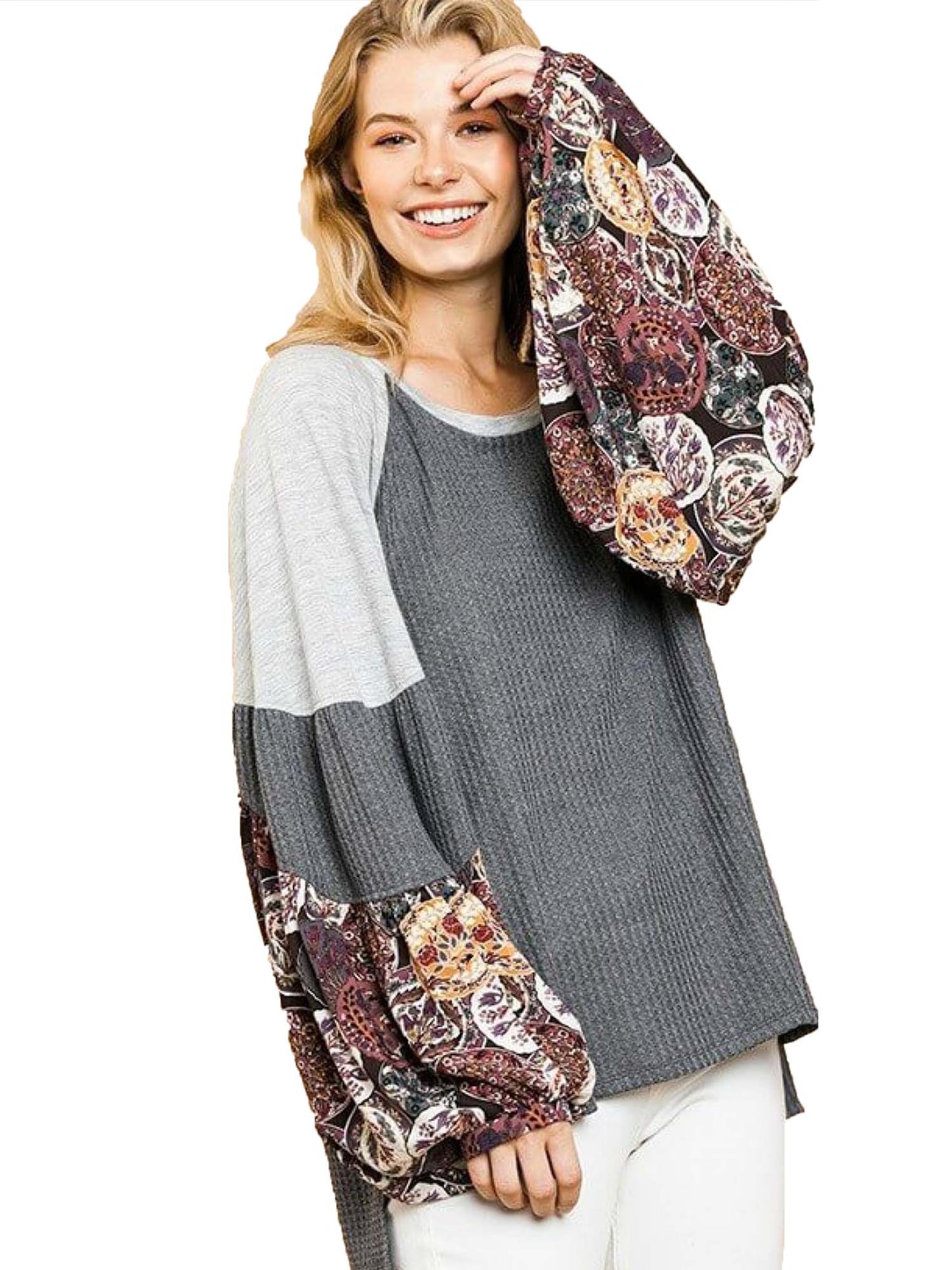 Waffle Knit Top with Floral Print Puff Sleeves