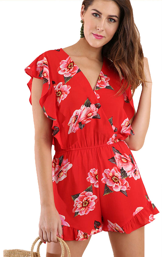 Tropical Floral Surplice Ruffle Romper