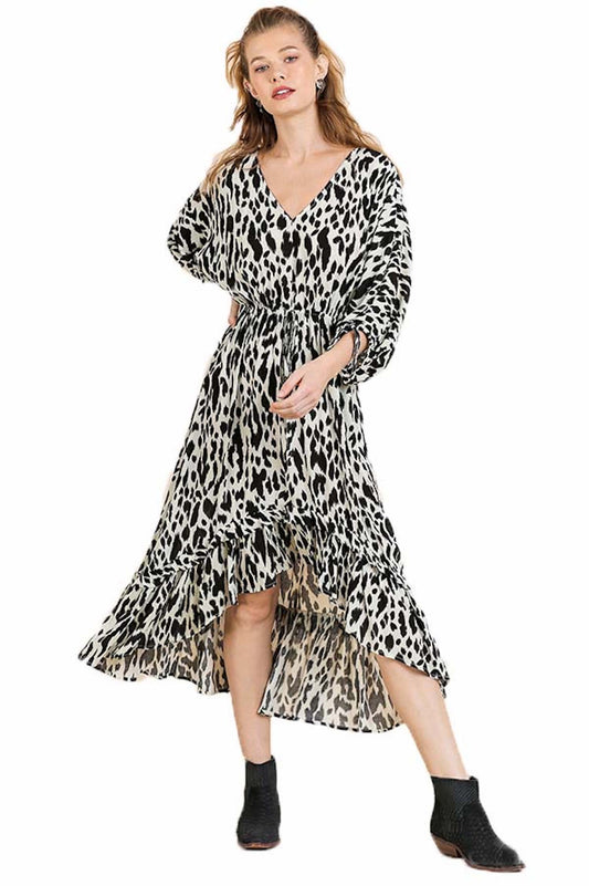 Animal Print Puff Sleeve V-Neck Midi High Low Dress